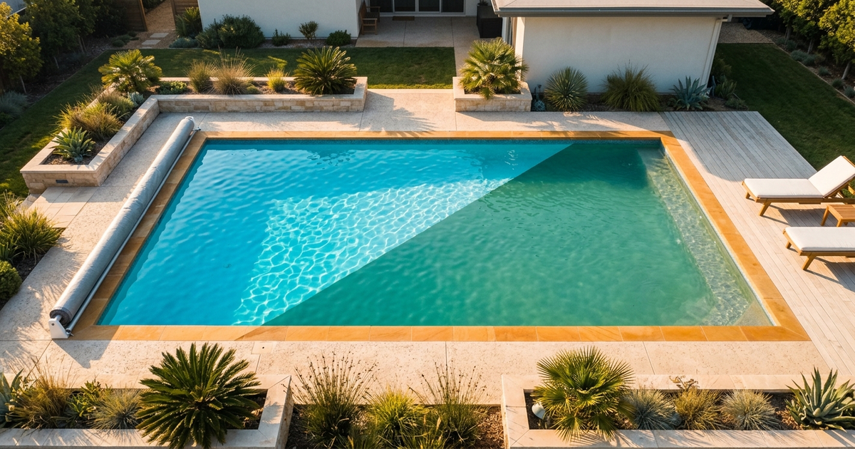 Step-by-step saltwater pool conversion showing a salt chlorine generator installed on the equipment pad next to bags of pool salt and a test kit