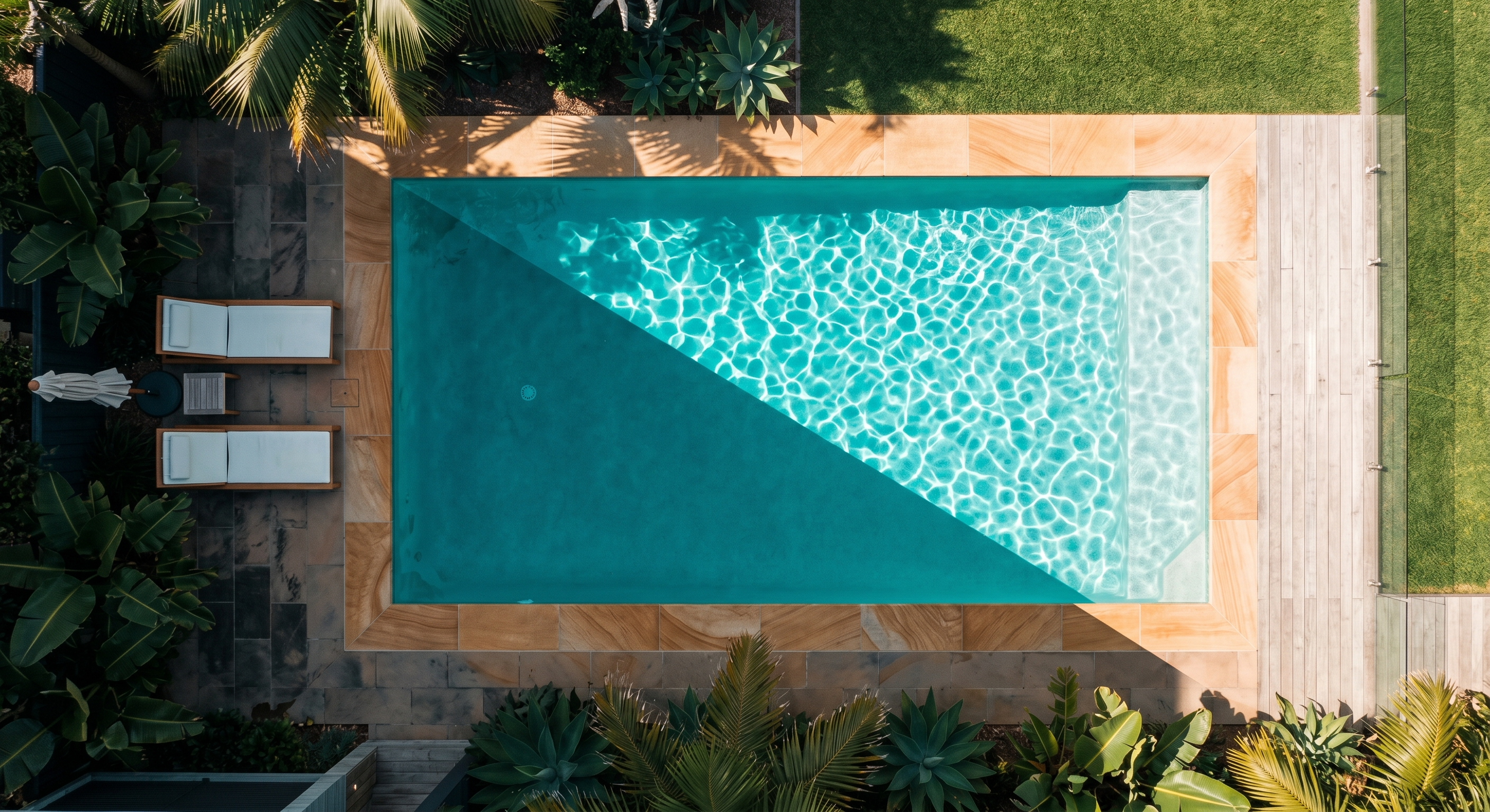 Aerial view of a swimming pool split diagonally by shadow showing sun and shade contrast