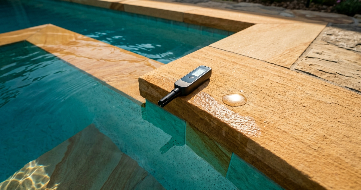 A photometer-style digital pool water tester on a poolside table next to a reagent vial and a smartphone showing test results