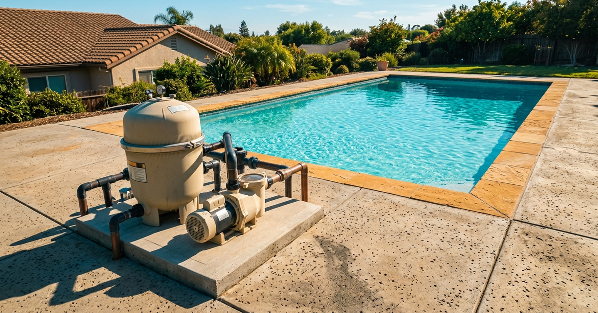 Three pool filters side by side: a sand filter tank, a cartridge filter housing with a pleated cartridge, and a DE filter with grids, labeled for comparison