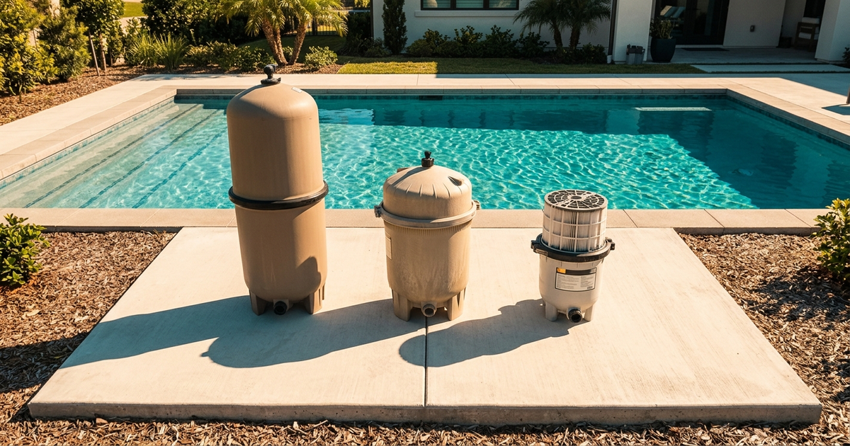 Side-by-side cutaway diagram of a sand filter tank, a cartridge filter housing, and a DE filter showing the filtration media inside each