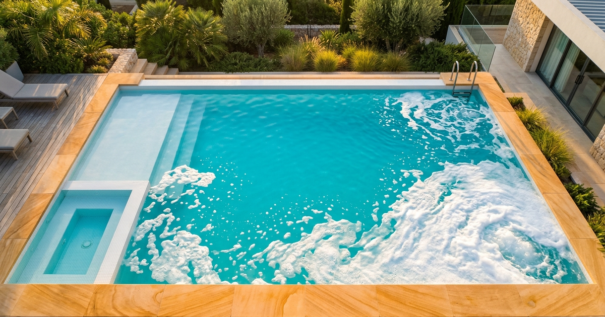 White foam piled along the deep-end edge of a backyard pool after a pool party, with the skimmer in the background