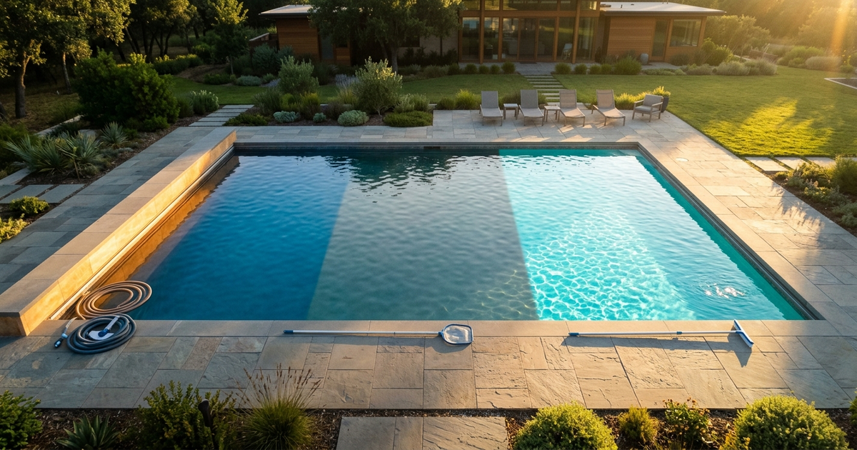 A poolside maintenance kit with a telescoping pole, brush head, drop-test kit, and a small bucket of chlorine tablets on a sunny pool deck