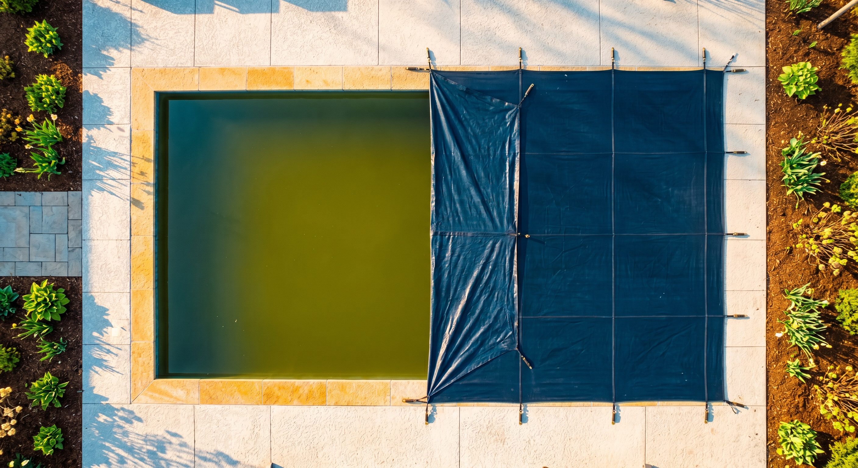 Aerial view of a swimming pool with winter cover partially removed revealing murky water