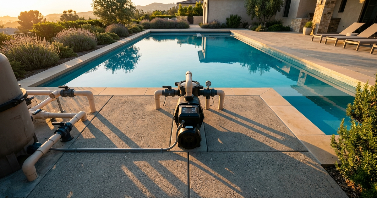 Pool pump with run-time chart showing turnover calculations by pool size and pump GPM