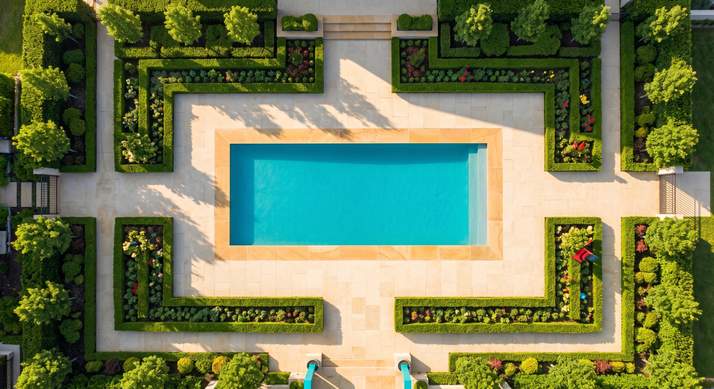 Overhead view of a backyard swimming pool with test kit and chemicals on the deck