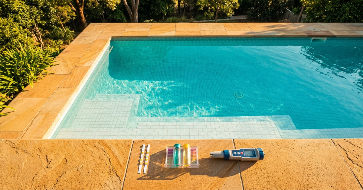 A pool water testing kit on a poolside table with a numbered drop-test vial and a strip bottle, mid-titration