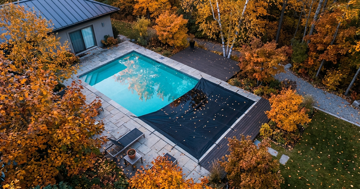Inground swimming pool with a green safety cover stretched tight, autumn leaves on the deck, blower in the foreground