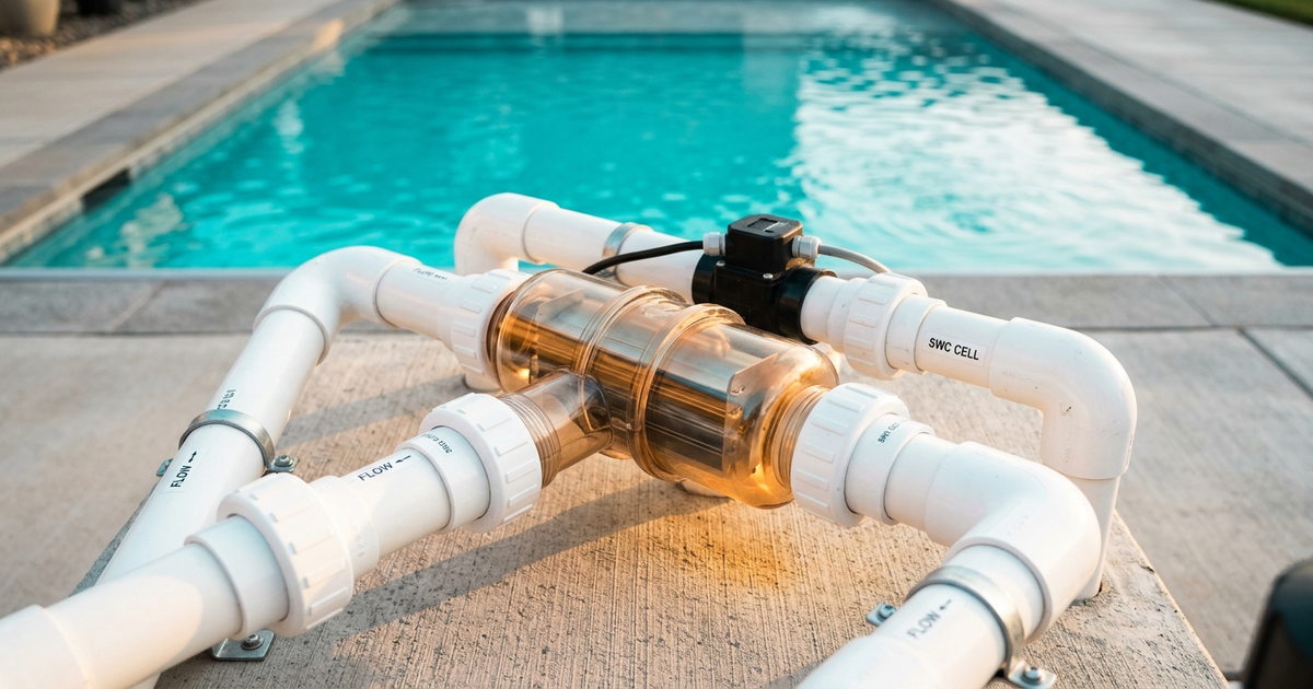 Salt chlorine generator cell with clear union housing showing internal titanium plates and electrical connections