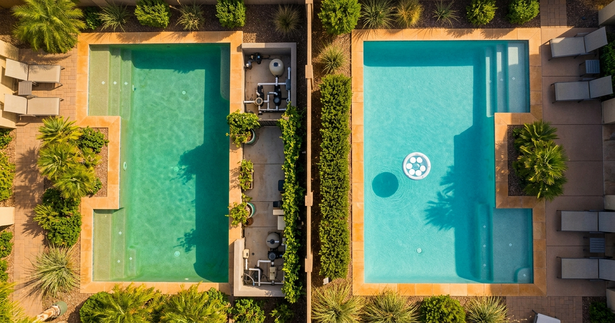 Side-by-side cost comparison of saltwater pool conversion versus traditional chlorine maintenance over five years, with stacks of chemical jugs and a salt cell